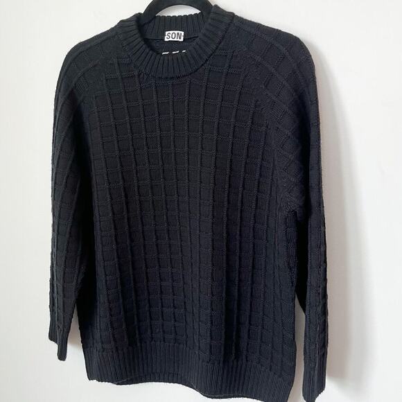 Son of a Tailor Check Knit Sweater Custom Black 3D Knit Merino Wool Classic - Picture 4 of 12